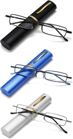 Viseng Slim Mini Metal Reading Glasses Compact Lightweight Portable Readers with Glasses Case for Reading Case +1.5 Black/Blue/silvery