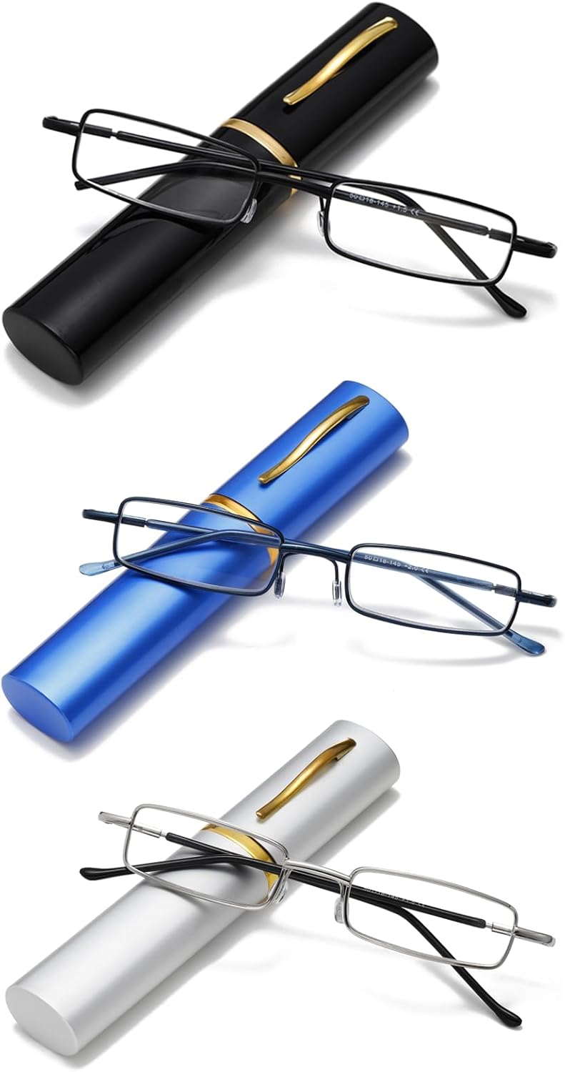 Viseng Slim Mini Metal Reading Glasses Compact Lightweight Portable Readers with Glasses Case for Reading Case +1.5 Black/Blue/silvery
