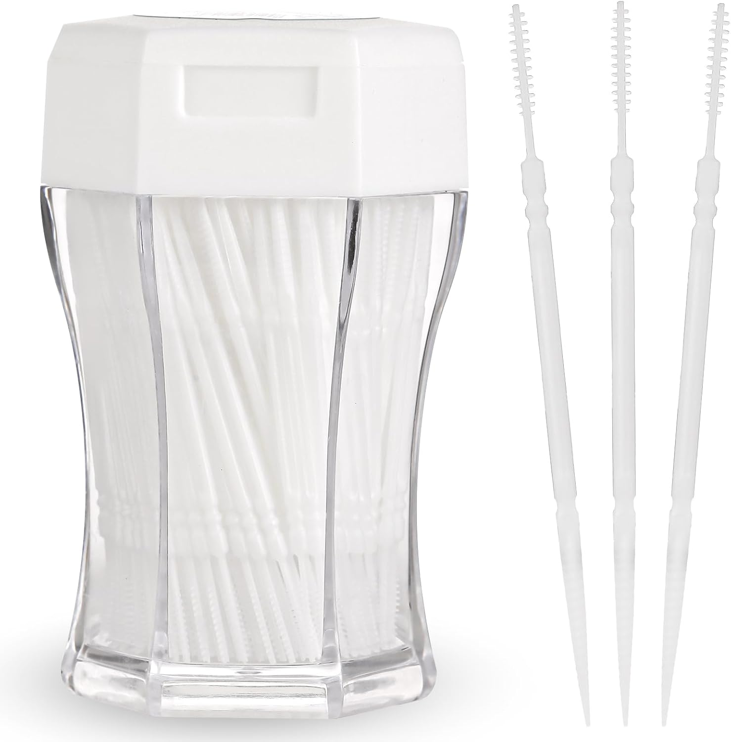 Ptwola 200Pcs Brushpicks 2-in-1 Interdental Brushes Toothpicks for Teeth Portable Soft Bristle Floss Picks in Clear Plastic Storage Box Double Sided Party of Adults Children