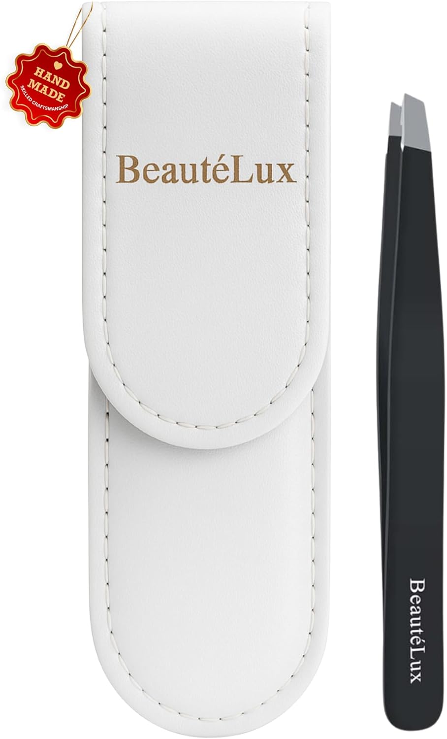 Premium Slant Tip Eyebrow Tweezer (Black), Stainless Steel Precision Tweezers for Men & Women, Facial Hair Removal with Leather Case