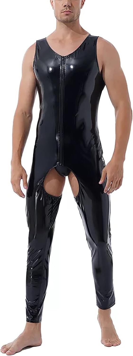 SEAUR Men's Shiny Patent Leather Jacket Casual Slim Fit Leather Muscle Tank Top T-Shirts Nightclub Party Clubwear