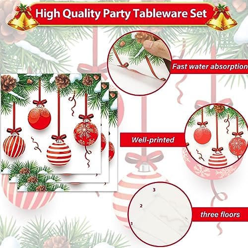 50pcs Christmas Guest Napkins 3 Ply Holiday Disposable Paper Pack Christmas balls Paper Luncheon Dinner Hand Napkins Christmas tree Theme Beverage Disposable Napkins for Xmas Party