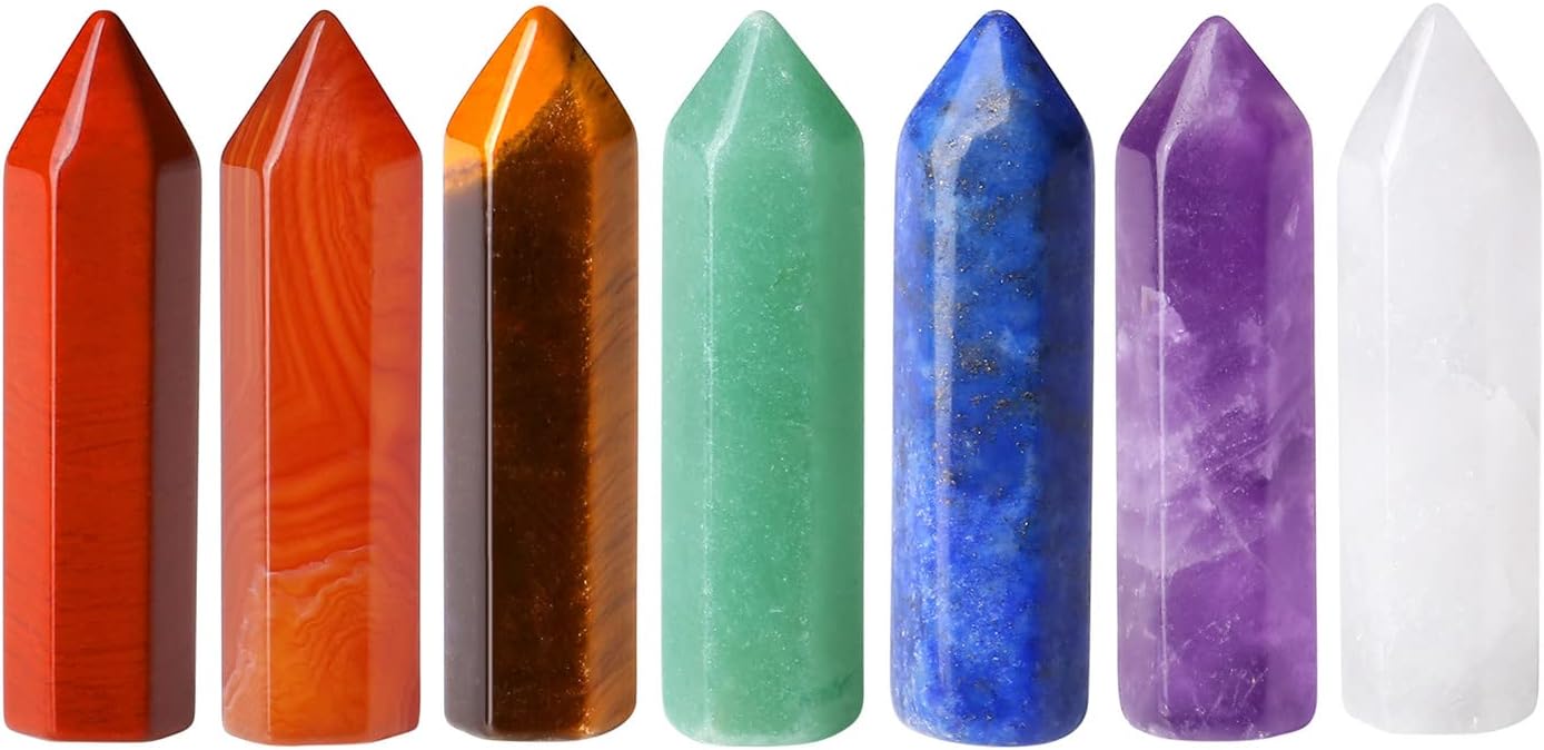 QINJIEJIE 7 PCS 7 Chakra Healing Crystals Mini Wands Crystal Pocket Stones Amethyst Polished Tumbled Natural Hexagonal Single Pointed Reiki Energy Balancing Meditation Gemstones Therapy Wand Set Gift