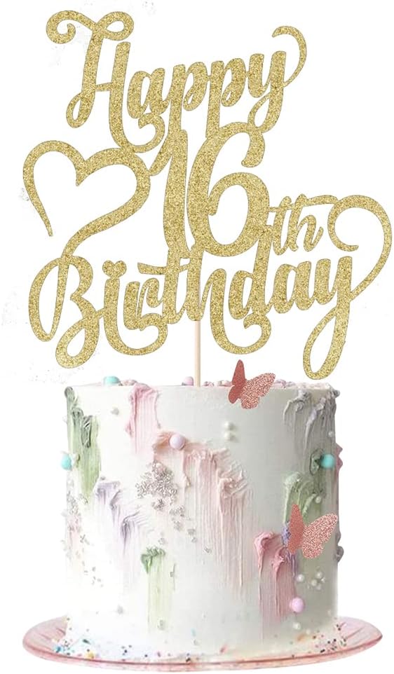 Gold Glitter Happy 16th Birthday Cake Topper - 16 Anniversary/Birthday - Hello 16, Cheers to 16 Years,16 & Fabulous Cake Topper Party Decoration