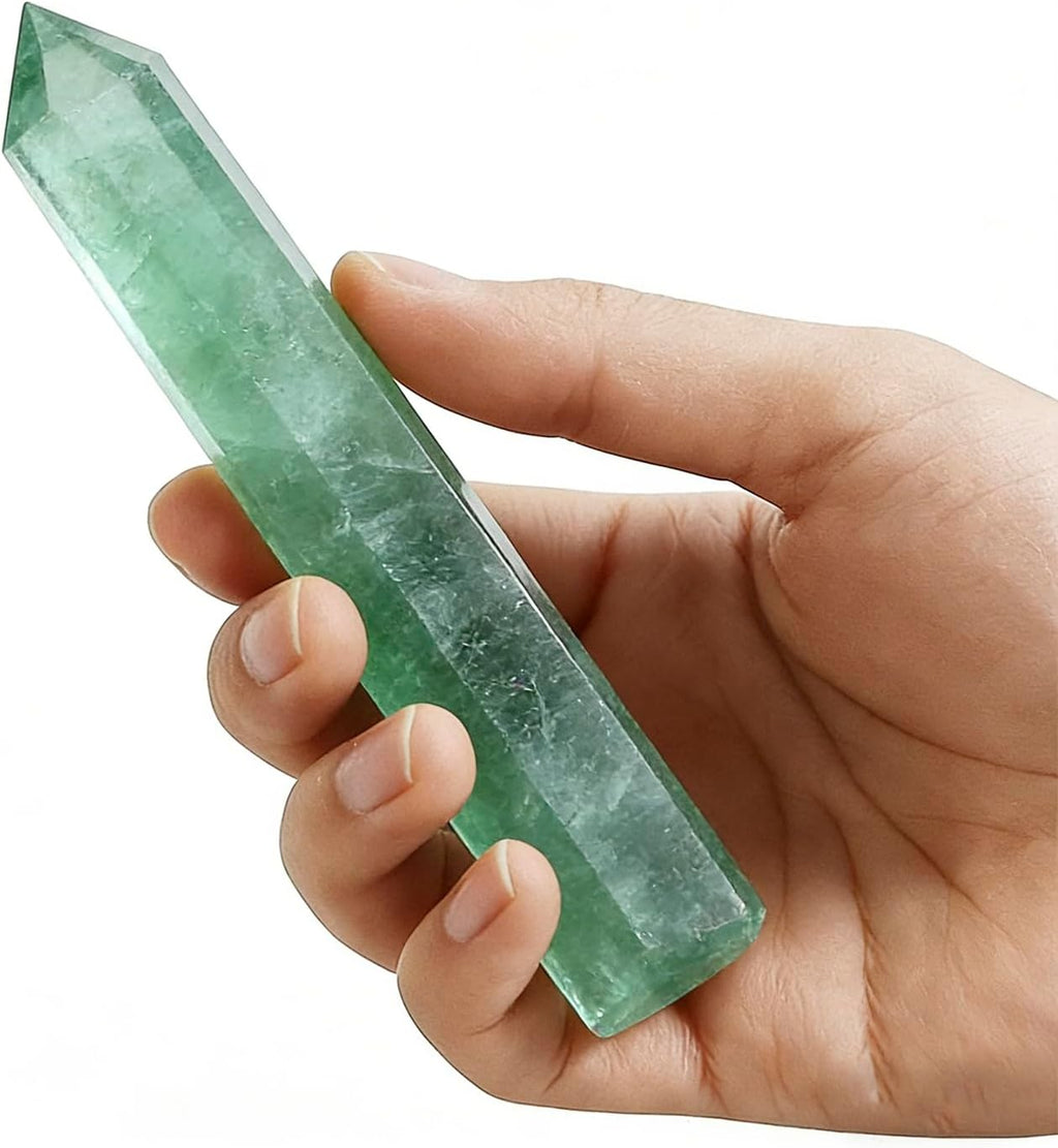 5.9 Inch Green Fluorite Point Wand, Natural Hexagonal Prism Crystal Pillar, Single Point Fluorite Crystal Stick, Reiki Healing Energy Stone, Craft Ornament for Meditation Home Decor Spiritual Gift