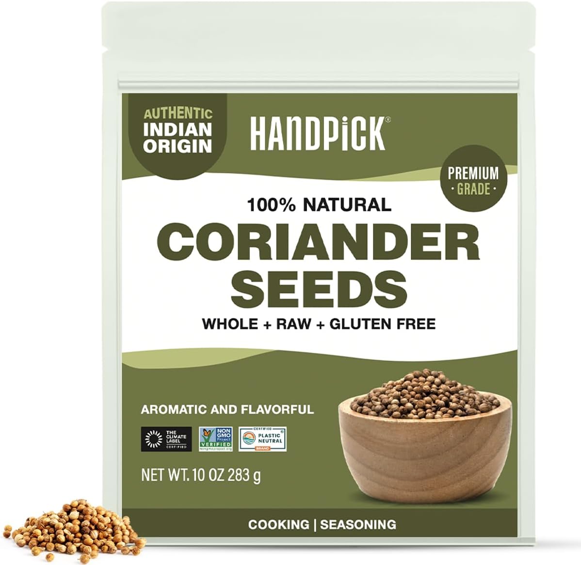 HANDPICK Whole Coriander Seed (283g/10oz) Premium Grade | Pure & Flavorful Coriander Seeds - Indian Origin | Non GMO, Gluten Free | Perfect for Cooking & Seasoning | Resealable Ziplock Pouch