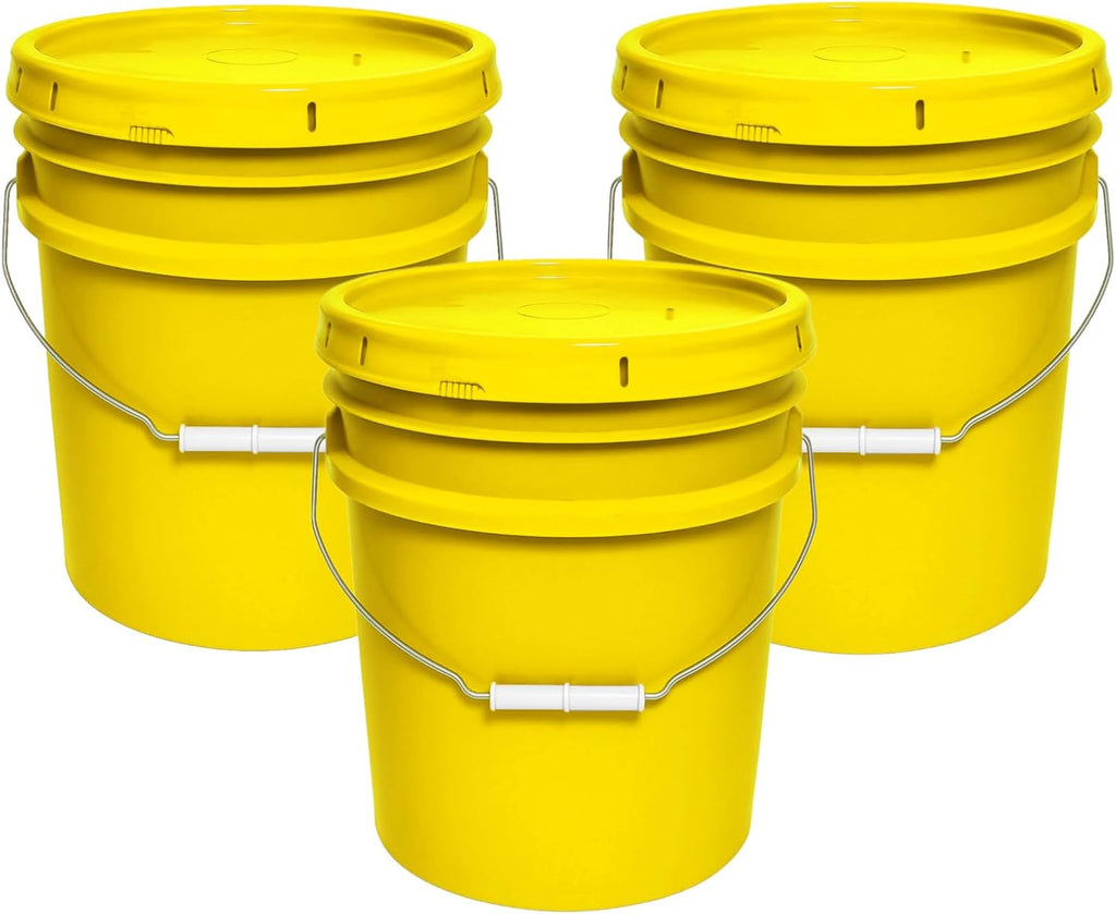 5-Gallon Bucket with Airtight Lid – Made in USA, Food Grade BPA Free Plastic, Heavy Duty Multi-Use, Metal Handle with Grip, Stackable Storage – Yellow, 3 Pack