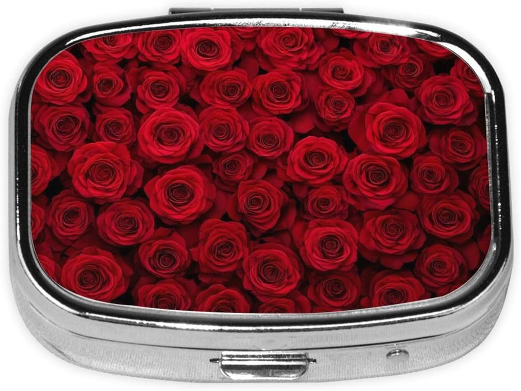 Red Rose Print Small Pill Case, Metal Square Travel Pill Organizer Portable Mini Pill Box 2 Compartments for Vitamin, Cod Liver Oil, Supplement