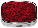 Red Rose Print Small Pill Case, Metal Square Travel Pill Organizer Portable Mini Pill Box 2 Compartments for Vitamin, Cod Liver Oil, Supplement