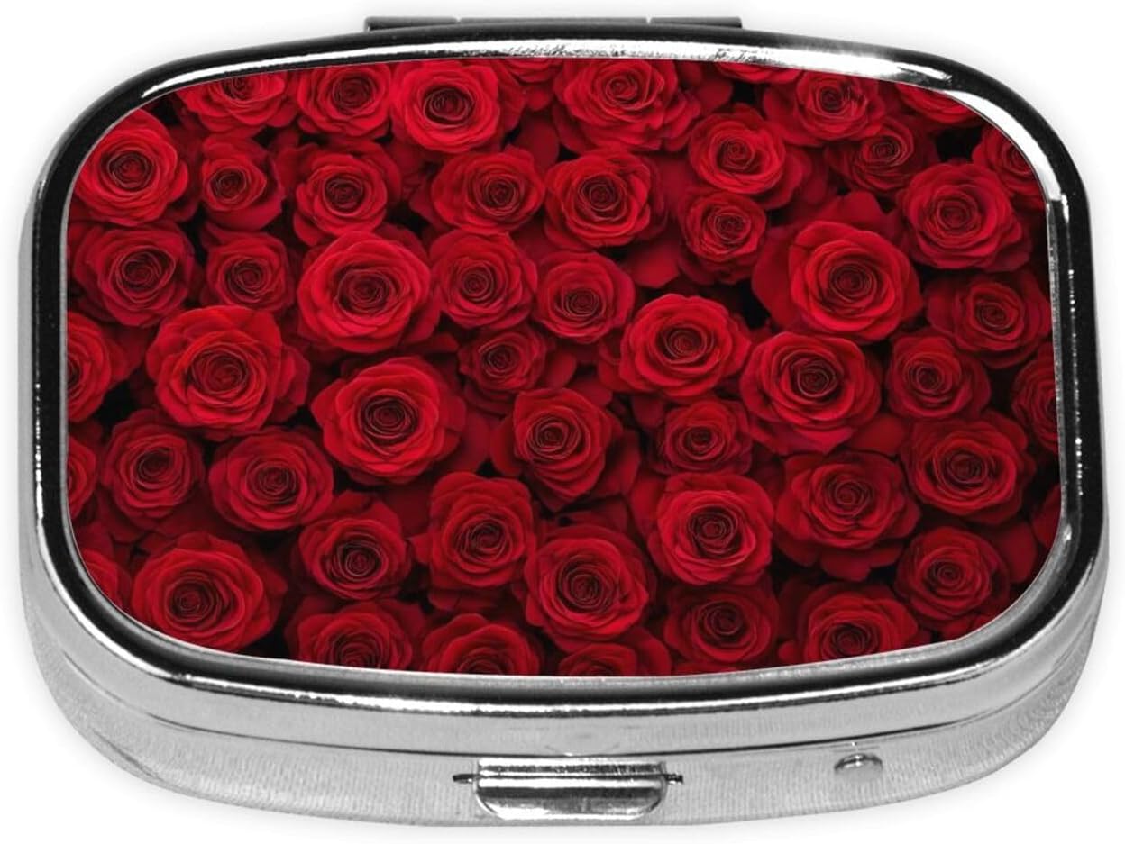 Red Rose Print Small Pill Case, Metal Square Travel Pill Organizer Portable Mini Pill Box 2 Compartments for Vitamin, Cod Liver Oil, Supplement