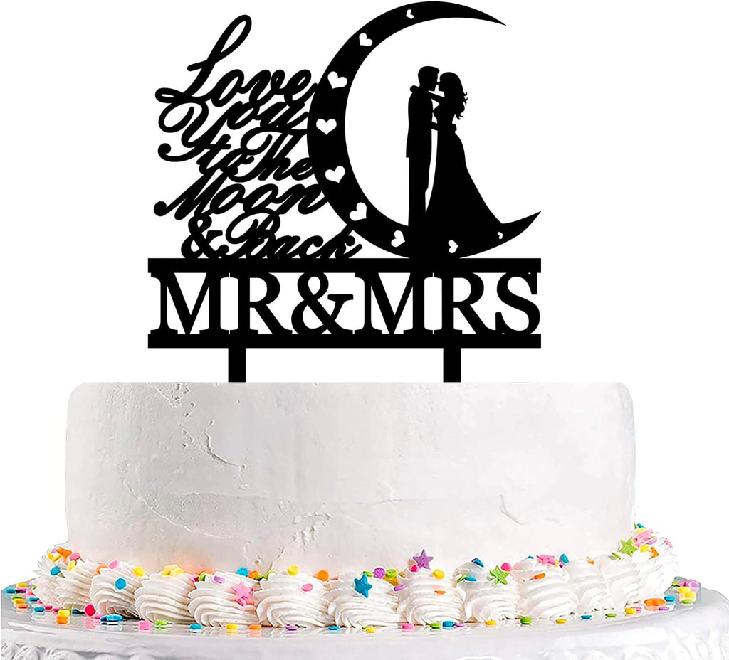 Love You To The Moon And Back Wedding Cake Topper Bridal Shower Theme Party Decorations Mr&Mrs Cake Topper For Wedding Anniversary Engagement Party Supplies
