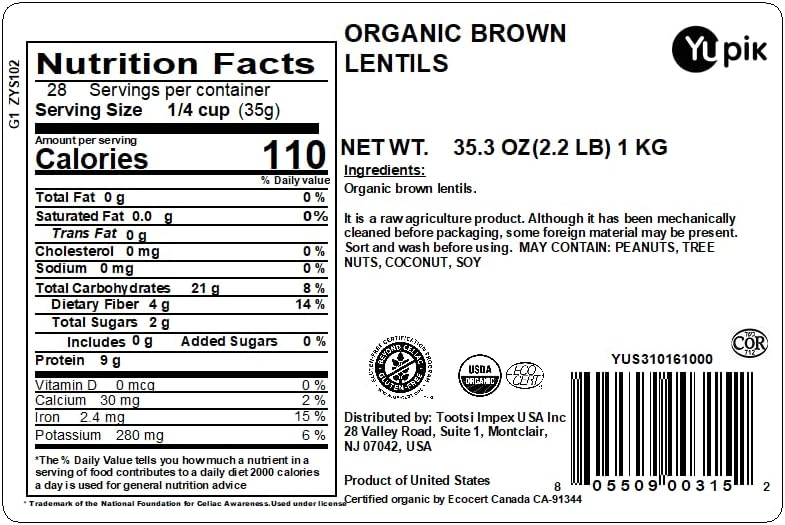 Yupik Organic Brown Lentils, 2.2 lb (35.2 oz), Non-GMO, Vegan, Gluten-Free, Kosher, Raw, Salt-Free, High in Fiber & Protein, Ideal for Soups, Salads & Meat Alternatives