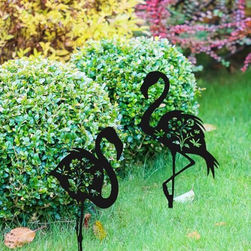 BOXOB 2pcs Flamingo Metal Yard Stakes, Whimsical Flamingo Yard Decor Black Decorative Garden Stakes for Lawn Patio Backyard Outdoor Decor