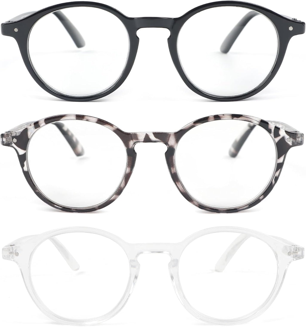 REAVEE 3 Pack Retro Round Reading Glasses for Men Women, Blue Light Blocking Readers Lightweight Spring Hinge
