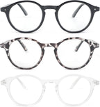 REAVEE 3 Pack Retro Round Reading Glasses for Men Women, Blue Light Blocking Readers Lightweight Spring Hinge