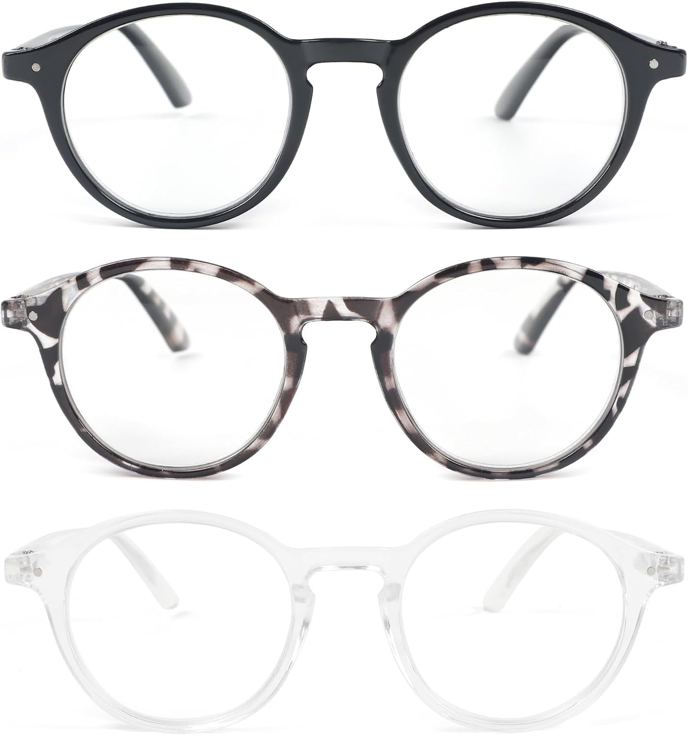 REAVEE 3 Pack Retro Round Reading Glasses for Men Women, Blue Light Blocking Readers Lightweight Spring Hinge