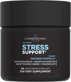 Livingood Daily Stress Support, 12-in-1 Supplement with Ashwagandha, Reishi Mushroom, Vitamin B6, Adaptogenic Herbs & Magnesium, Supports Mood & Calm, Gluten Free, Vegan, 60 Vegetarian Capsules