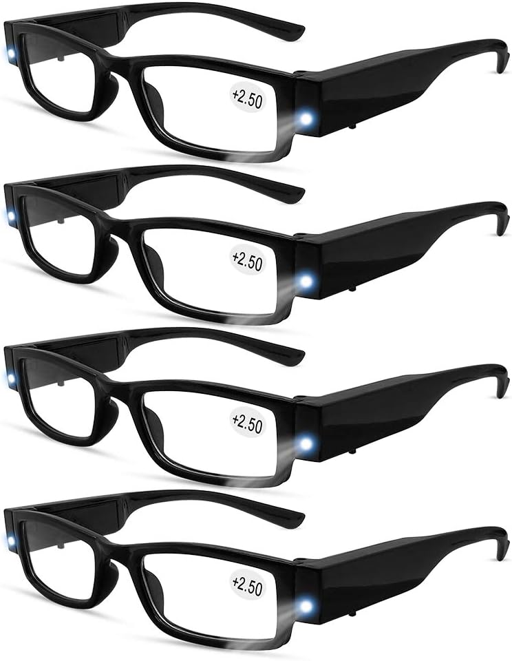 4 Pcs Reading Glasses Led Readers with Lights Fashion Glasses for Reading for Men and Women Lighted Magnifier Nighttime Reader Compact Full Frame Eyewear Unisex Clear Vision Lighted Eye Glasses(+250)
