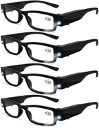 4 Pcs Reading Glasses Led Readers with Lights Fashion Glasses for Reading for Men and Women Lighted Magnifier Nighttime Reader Compact Full Frame Eyewear Unisex Clear Vision Lighted Eye Glasses(+250)