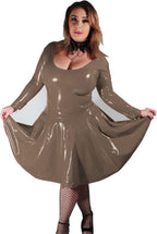 Autumn Long Sleeve Latex A-line Dress Women Dancing Party Costume Sexy Scoop Neck Low Cut Dress Vintage Skater,Dark Brown,M