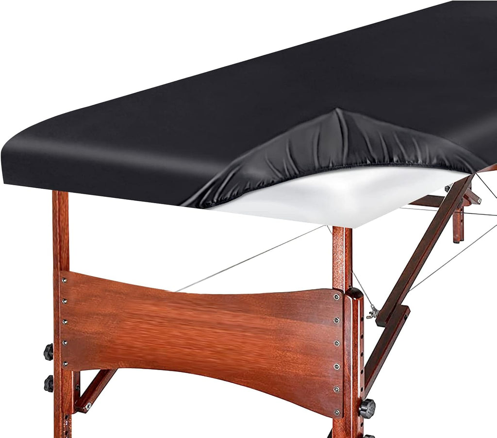 Massage Table Cover, Silky Massage Table Sheets(36" W x 77" L x 7" D), Reusable Spa Bed Sheets Salon Table Protective Cover, Satin & Wrinkle-Resistant, Machine Washable, Black
