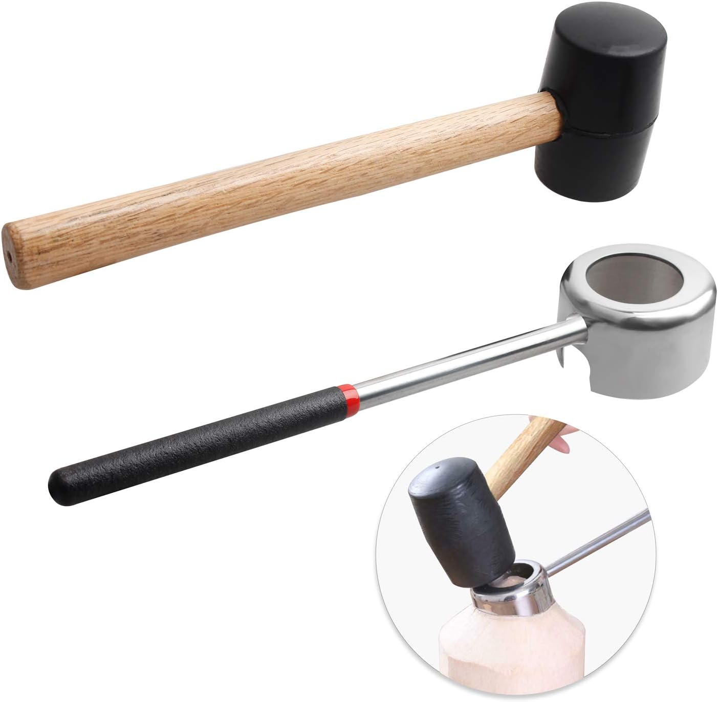 Coconut Opener Tools with Hammer, Super Safe & Easy to Open Young Coconuts Tool, Food Grade Stainless Steel Coconut Opener Set, Rubber Mallet with Handle