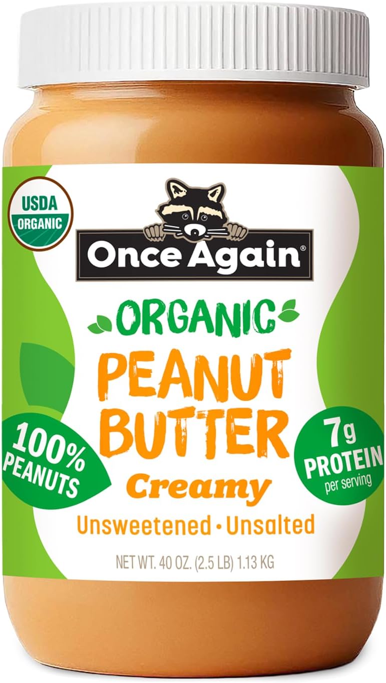 Once Again Organic Creamy Peanut Butter No Sugar Added - Large 2.5 Pound Jar - Single Ingredient, Unsalted, Natural Peanut Butter No Palm Oil - Smooth and Unsweetened - 1 Jar (40 oz)