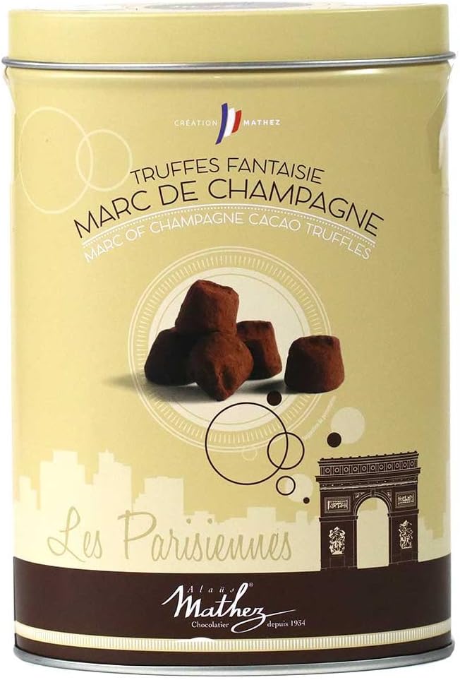 Mathez 'Les Parisiennes', French Chocolate Truffles with Marc of Champagne, 7.1oz Tin
