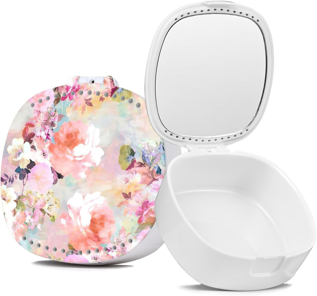Retainer Case, Denture Case Night Guard Mouth Guard With Mirror and Ventilation Holes,Pink Flower