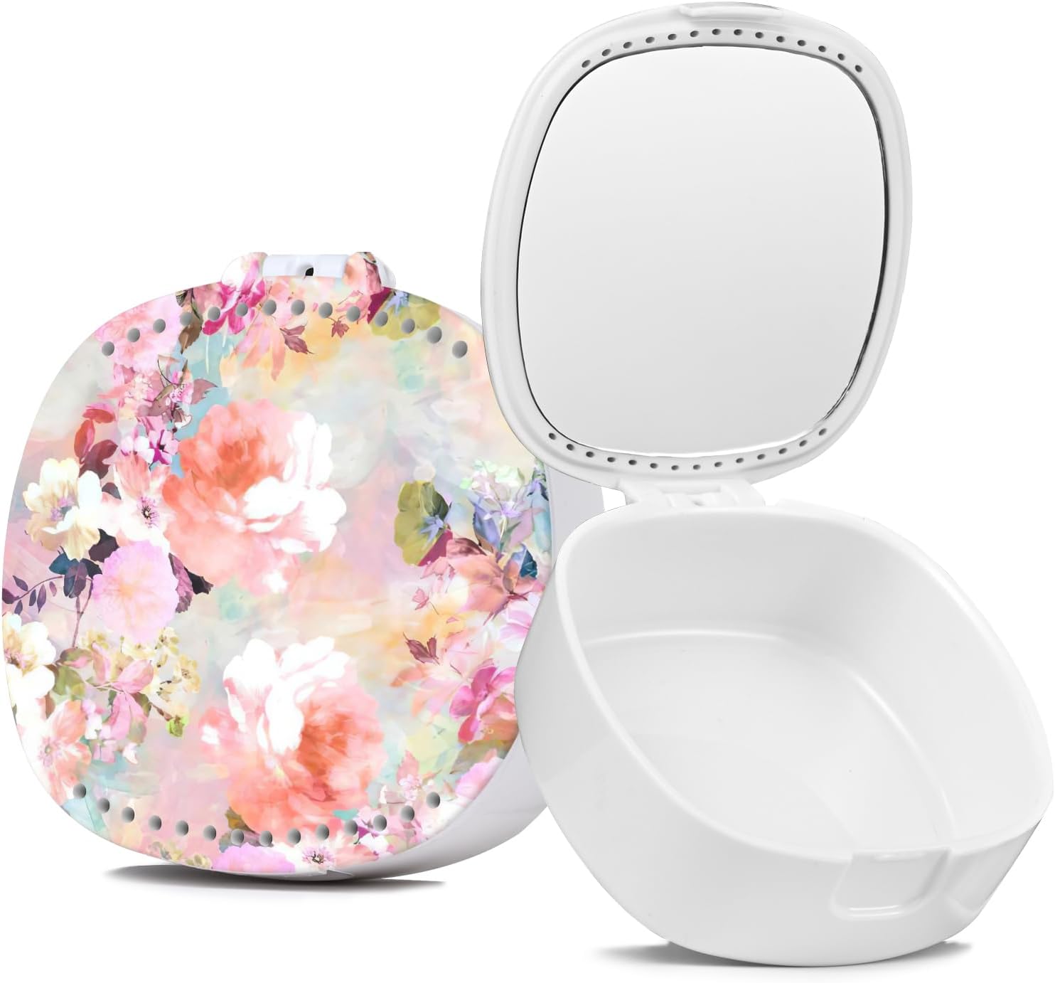 Retainer Case, Denture Case Night Guard Mouth Guard With Mirror and Ventilation Holes,Pink Flower