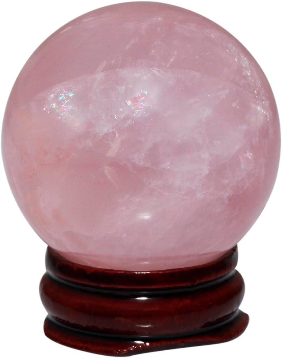 mookaitedecor Natural Rose Quartz Crystal Ball with Wood Stand, Healing Crystals Sphere Sculpture Home Decoration, 1.35"-1.55"