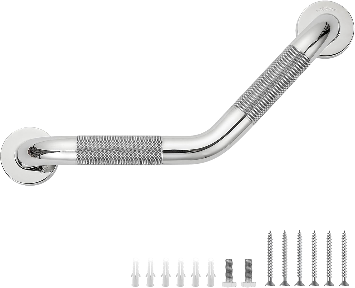 Grab Bars for Bathtubs and Showers- 1-1/4 x 16 Angled Shower Grab Bar for Seniors Knurled Stainless Steel Handicap Grab Bars for Wall, 15" Hole Center (Polished Nickel, 1 Pack)