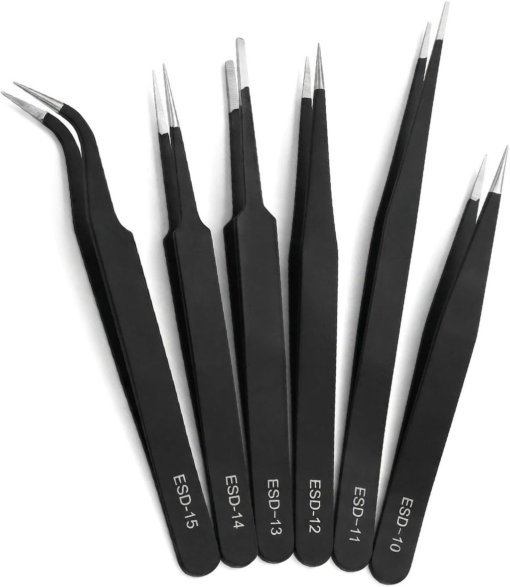 Rackii Precision Tweezers Set, 6 PCS ESD Safe Anti-Static Stainless Steel Tweezers, Non-Magnetic Fine Tip Tweezers for Electronics Repair, Soldering, Jewelry Making, DIY Crafts, Laboratory