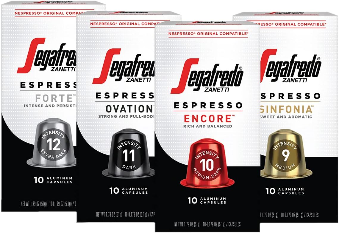 Segafredo Zanetti Espresso Capsules – Aluminum Pods for Nespresso Original Machines – 4 Flavor Variety Pack Premium Espresso – Forte, Ovation, Encore, and Sinfonia – Variety, 10 Count (Pack of 4)