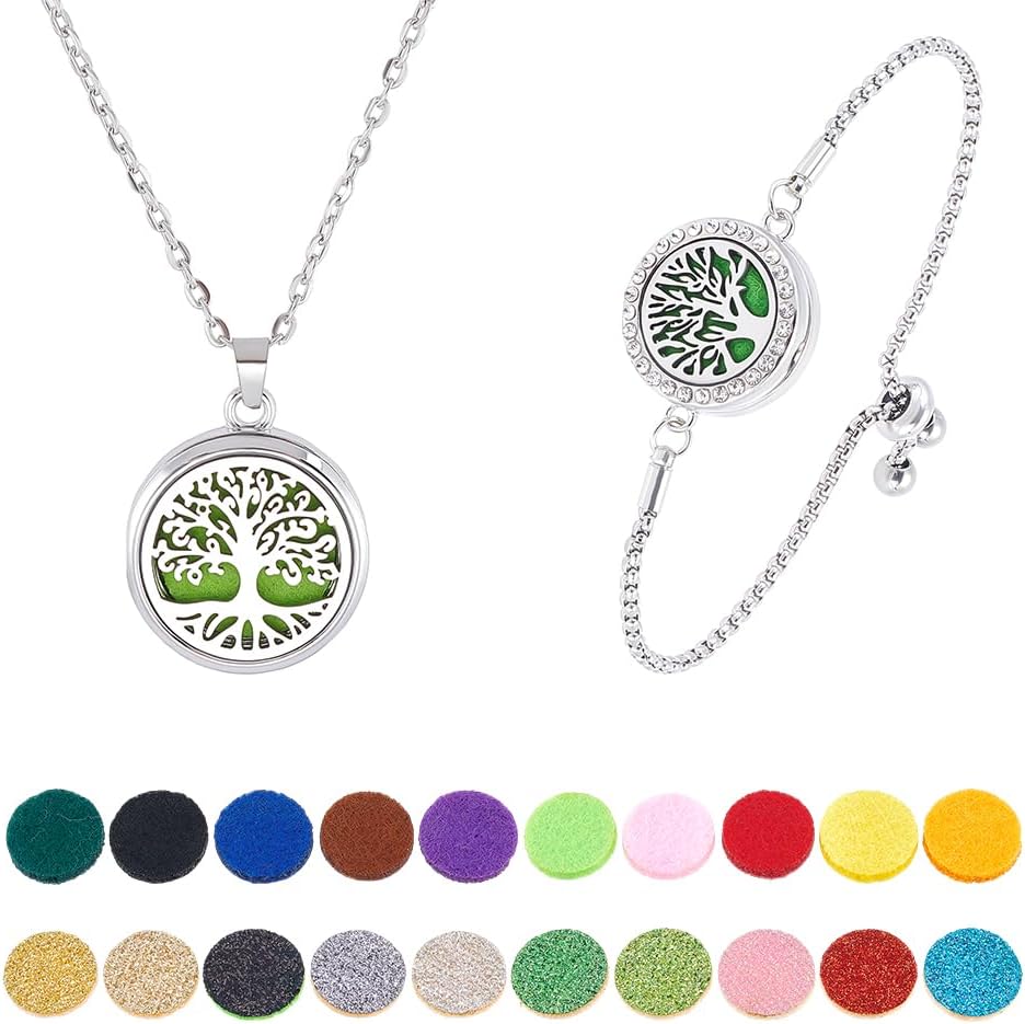 PH PandaHall 2pcs Essential Oil Diffuser Bracelet Necklace Set, Tree of Life Stainless Steel Pendants Charms Adjustable Aromatherapy Locket Jewelry with 20 Random Color Refill Pad for Women Mom Gift