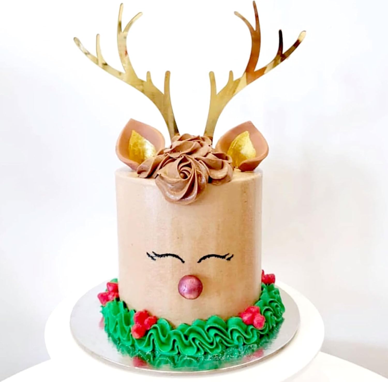 Christmas Reindeer Cake Topper, Gold Antlers Cake Toppers Festival Cake Decorations Xmas Cupcake Dessert Table Topper for Wedding, Christmas Party Supplies-gold