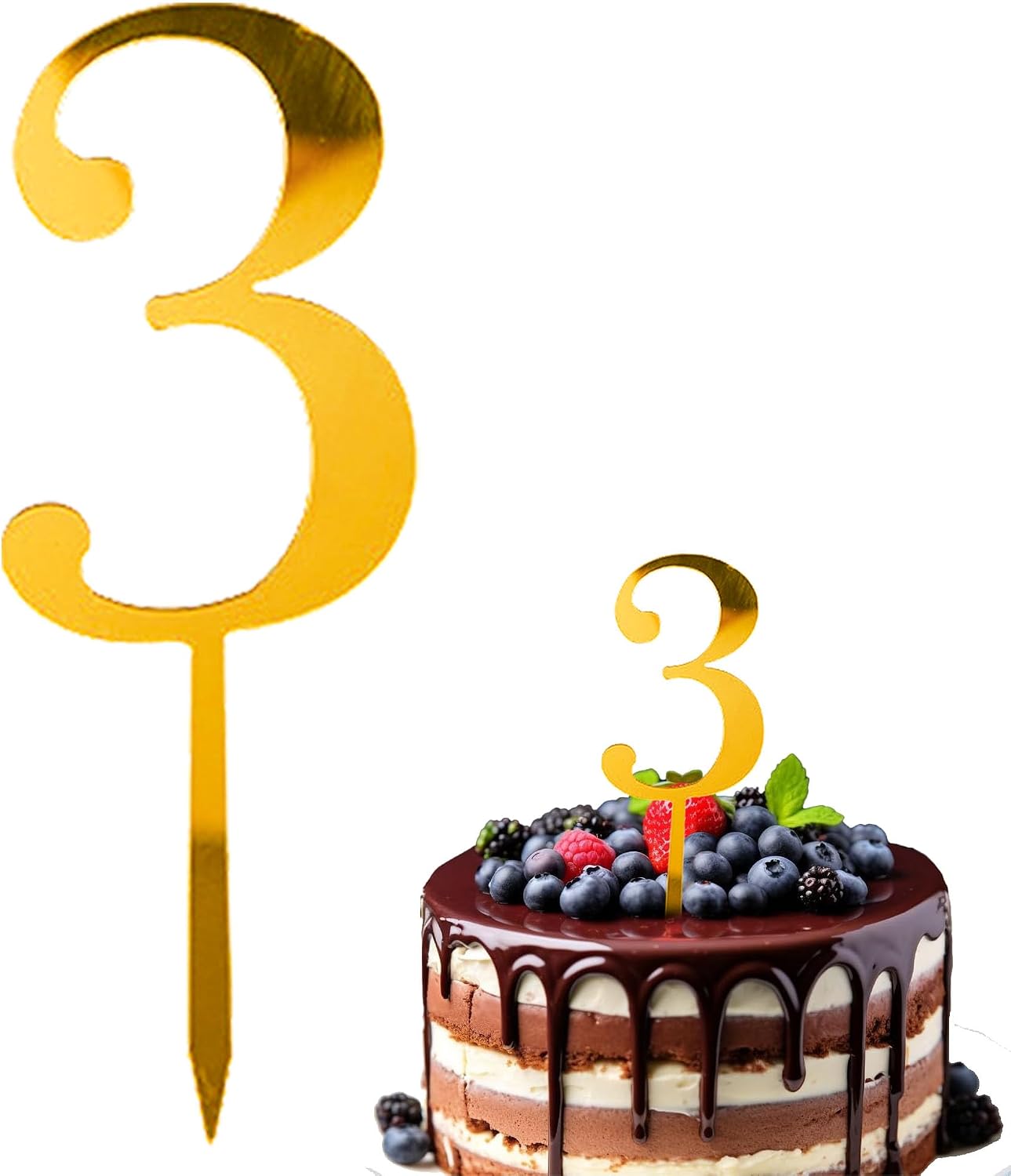 Gold Acrylic Number Cake Topper - 3 Piece Number “3” Cake Topper for Birthday Party, Wedding and Anniversary Cake Decorations