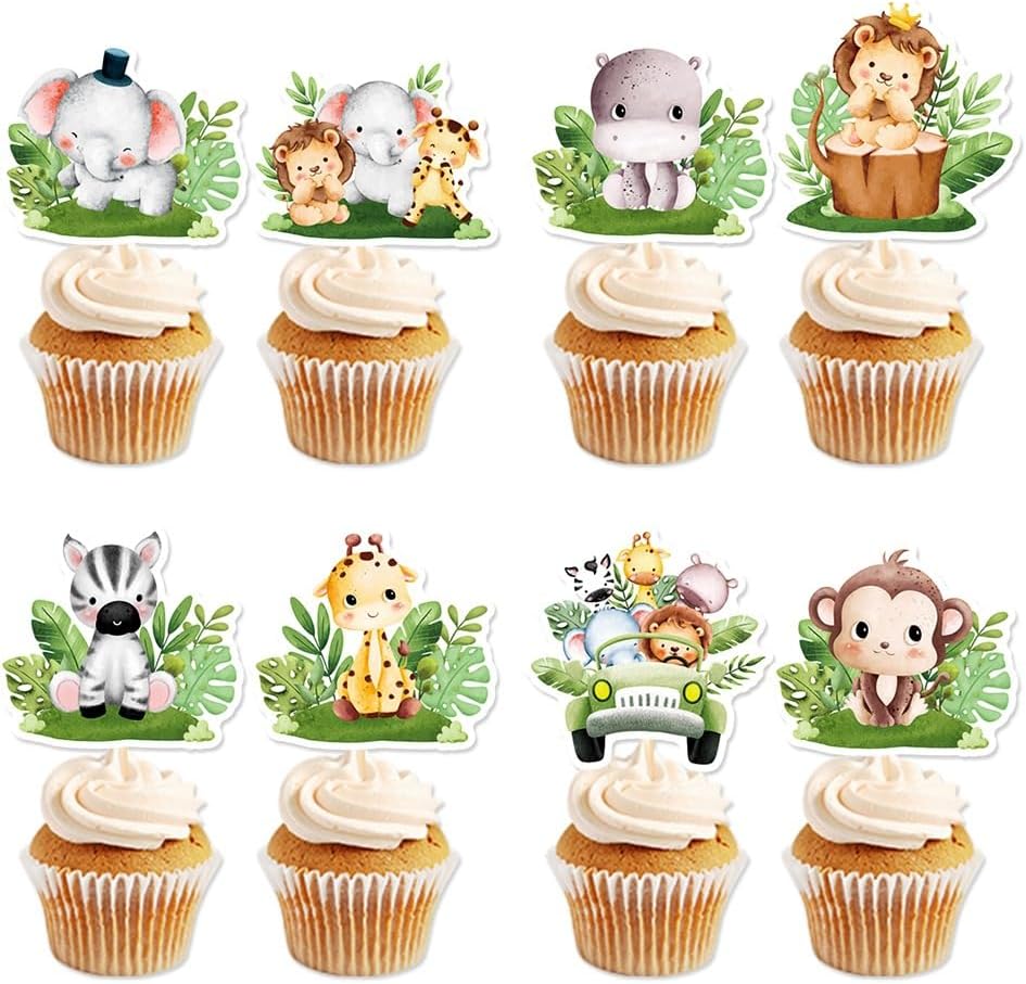 Safari Cupcake Toppers,24 PCS Safari Cake Topper,Safari Animal Cupcake Toppers,Safari Cake Decorations,Safari Baby Shower Decorations