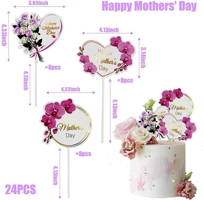 24PCS Happy Mothers' Day Cake Topper Set,Heart Round Butterfly Orchid Rose Flower Cupcake Picks, 3 Styles Cake Decoration for Birthday Mother's Day Party Favors Supplies