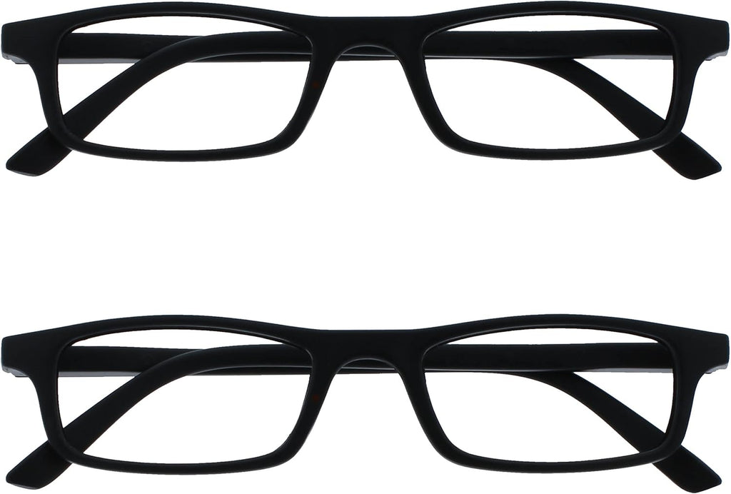 OPULIZE TED Reading Glasses for Women Men, Lightweight Narrow Rectangular Matt Frame with Spring Hinges, Black +1.00 (Pack of 2)