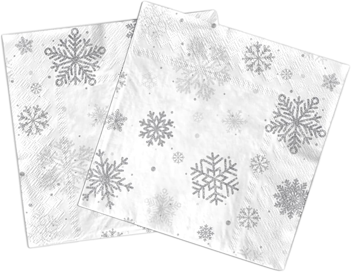 40pcs Snowflake Winter Napkin Party Decoration Winter Snowflake Silver Gray Wonderland Theme Paper Table Napkin Disposable for Christmas Holiday Birthday Party Supplies