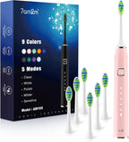 7AM2M Ultrasonic Pink Electric Toothbrush with 6 Brush Heads for Adults&Kids, Type C Rechargeable, One Charge for 120 Days, 5 Modes&40000VPM Powered Toothbrush, 2 Minutes Built in Smart Timer (Pink)