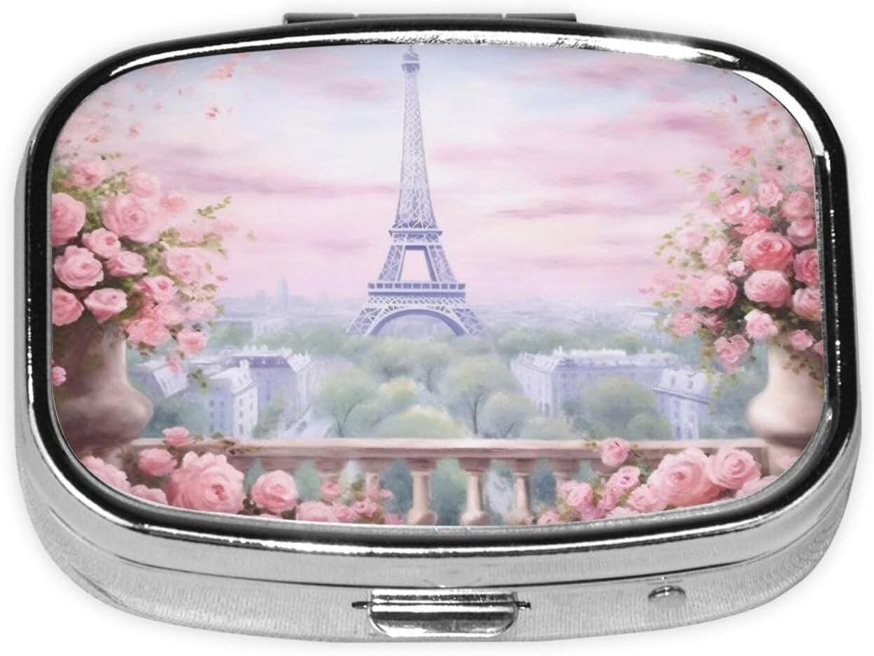 Beautiful Tower Paris Print Compact Mini Pill Box â€“ Square-Shaped, Full Frame Printed Design, Ideal for Travel â€“ Easy to Open, Lightweight, Black