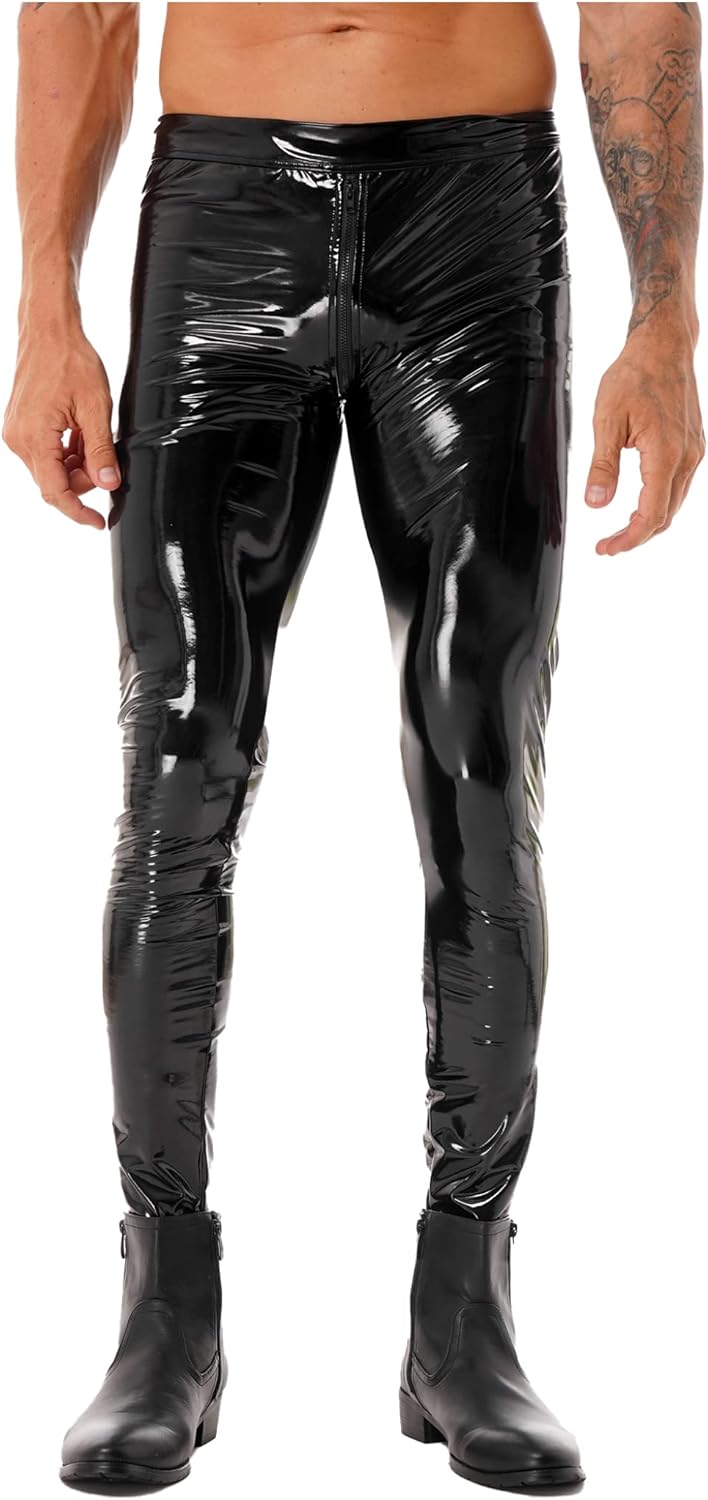 Lejafay Men's Patent Leather Flat Front Suit Pants Straight Leg Trousers Long Pants Tight Jeans