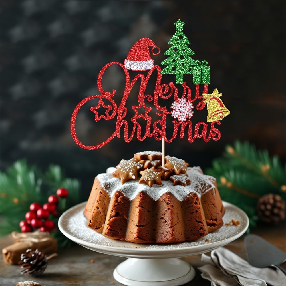Glitter Merry Christmas Cake Topper Red & Green Christmas Happy Holiday Cake Decoration，Winter Festival Xmas Themed Kids Adults Birthday Party Decorations Supplies