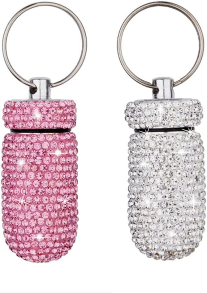 2 Pack Bling Crystal Rhinestones Waterproof Pocket Keychain Pill Holder，Portable Mini Aluminium Alloy Pill Organizer Case Container to Hold Vitamins for Outdoor Camping Travel（Silver,Pink）