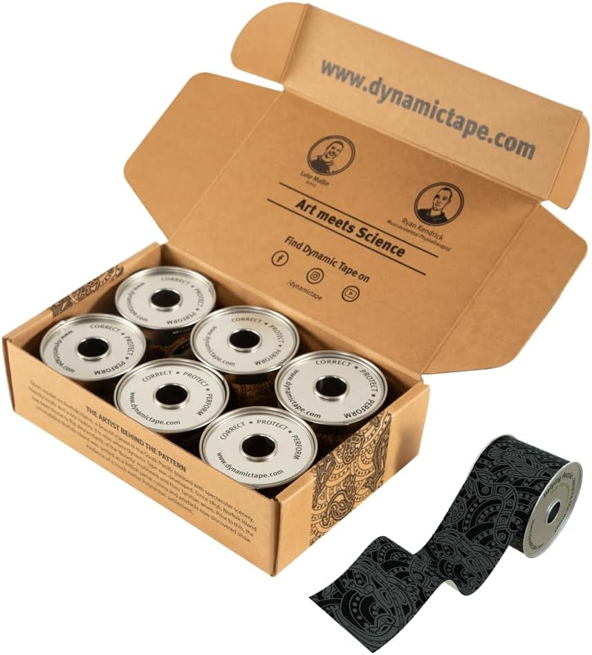 Dynamic Tape Eco - Biomechanical Athletic Tape Made from Recycled Materials | 4 Way Stretch & Stronger Recoil Than Kinesiology Tape | for Sports, Muscle & Joint Load Management | 2" Black/Grey 6pack