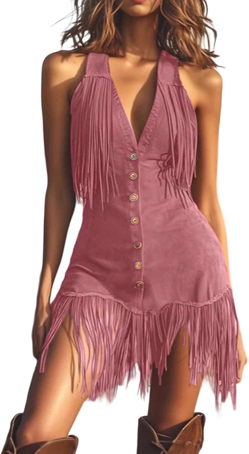 Women's Halter V Neck Fringe Mini Dress Sexy Western Cowgirl Faux Suede Tassel Slim Party Dresses