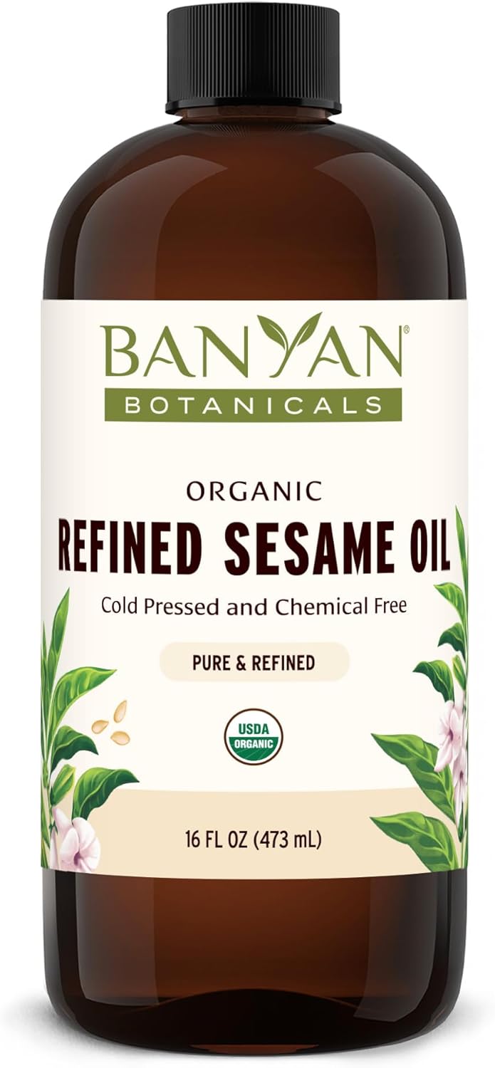 Banyan Botanicals Organic Refined Sesame Oil – Premium Ayurvedic Massage Oil for Body & Skin – Light & Mild Scented Warming Oil for Abhyanga Self-Massage – 16 oz – USDA Organic