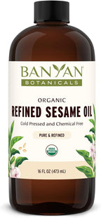 Banyan Botanicals Organic Refined Sesame Oil – Premium Ayurvedic Massage Oil for Body & Skin – Light & Mild Scented Warming Oil for Abhyanga Self-Massage – 16 oz – USDA Organic